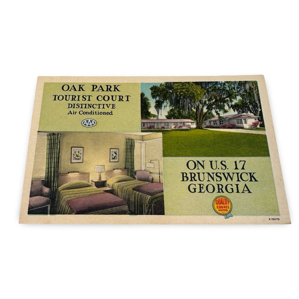 Oak Park Tourist Court Brunswick Georgia Unused Linen Postcard US 17 AAA Quality